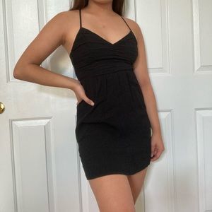F21 black v neck criss cross lace up back dress